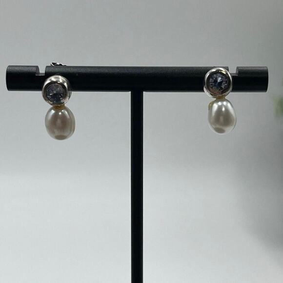 Signed‎ Designer 925 Sterling Silver Round Blue Topaz Drop Pierced Earrings - Picture 3 of 11